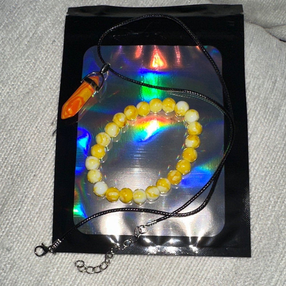 Yellow and Orange crystal necklace and beaded yellow and white stone bracelet